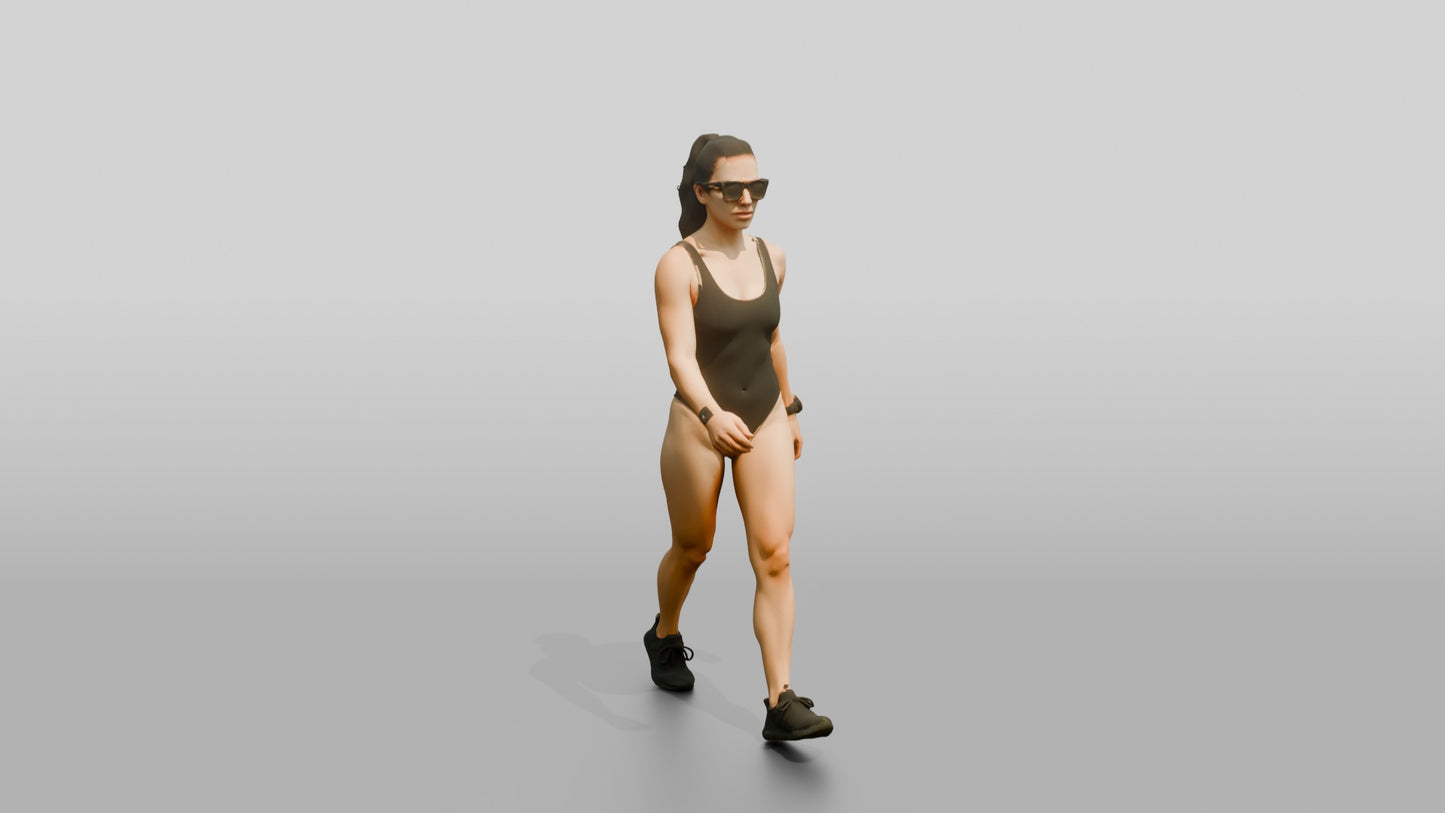 Latina Woman in Sleek Black Swimsuit Beach Walk