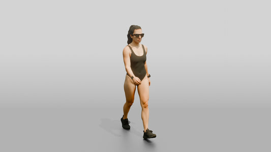 Latina Woman in Sleek Black Swimsuit Beach Walk - 3D character model, view 1