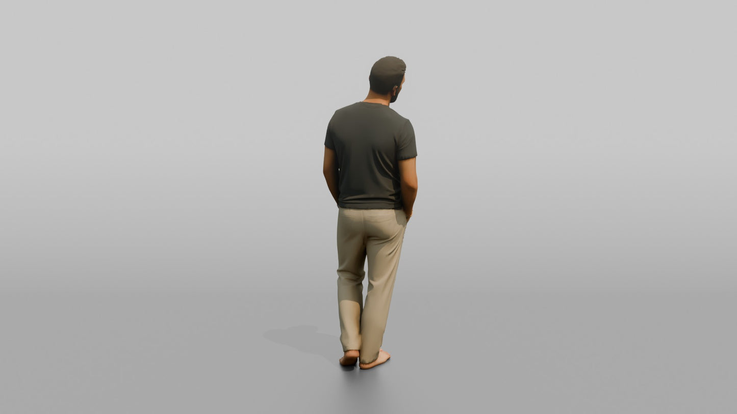 Vacationer Wearing Casual Crewneck Shirt And Linen Pants