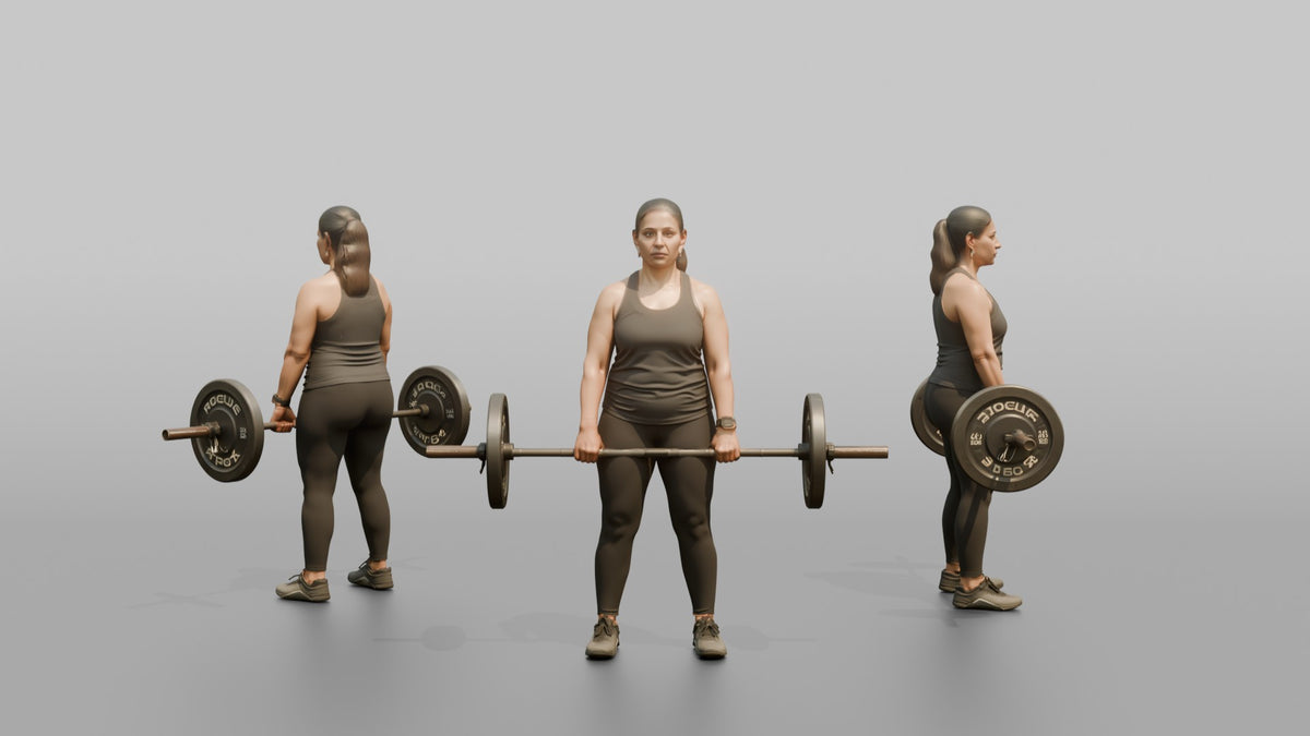 Weightlifter Woman Holding A Loaded Barbell At The Hips Ready To Lift - 3D character model, view 1