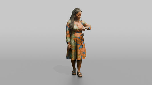 Vacationer Wearing Vibrant Wrap Dress And Hoop Earrings - 3D character model, view 1