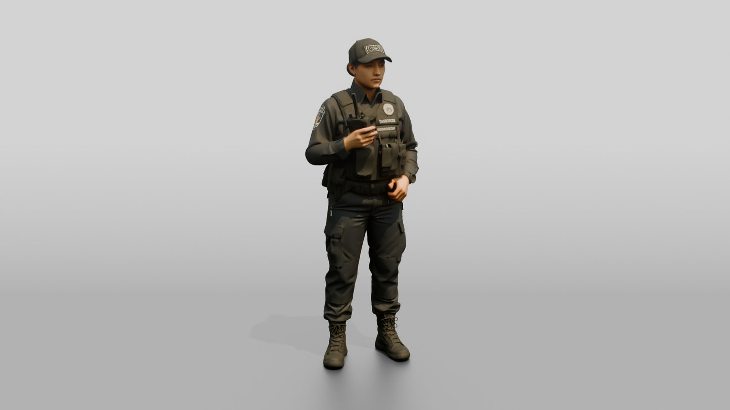 Latina Female Guard in a Dark Blue Tactical Guard Uniform