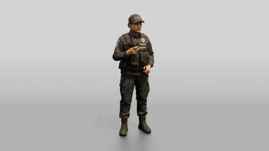 Latina Female Guard in a Dark Blue Tactical Guard Uniform - 3D character model, view 1