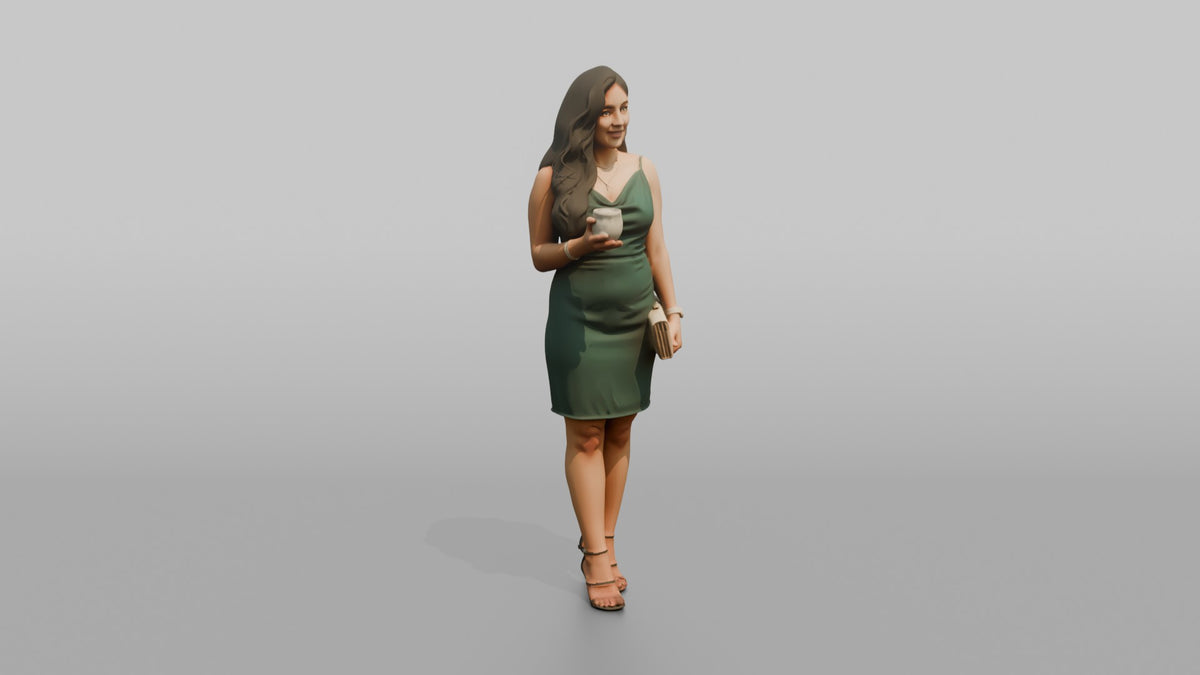 Patron Woman Standing With A Clutch Bag, Holding A Drink - 3D character model