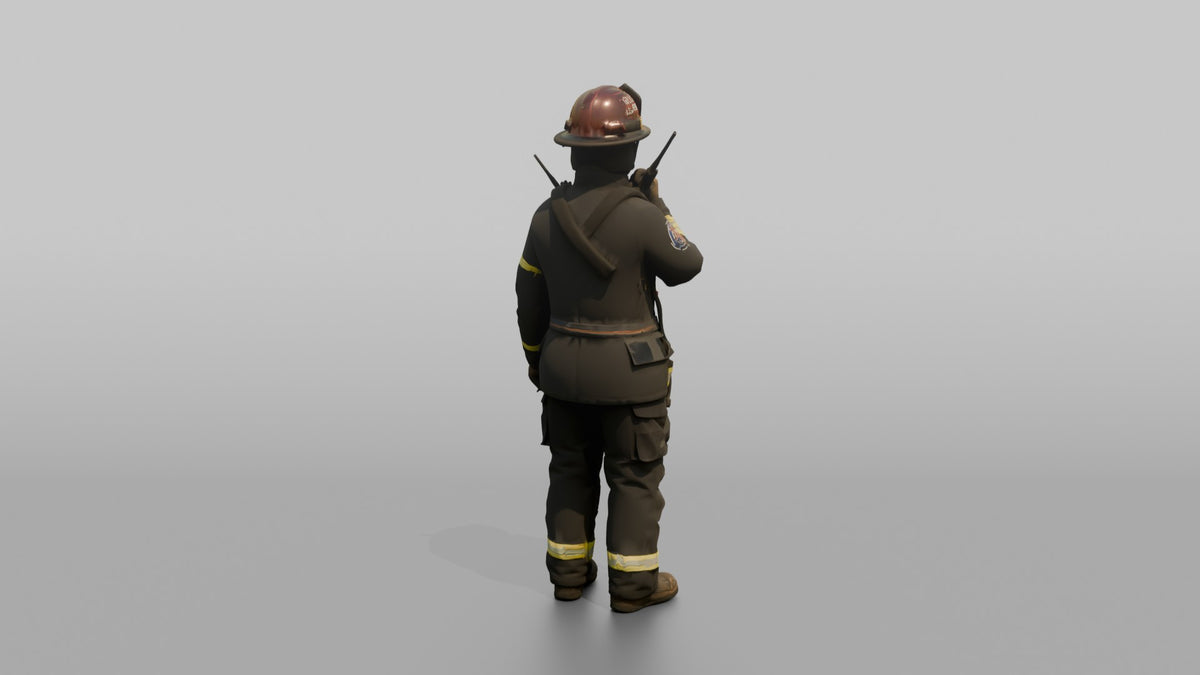 Firefighter Woman Speaking Into a Shoulder Walkie-talkie - 3D character model, view 3