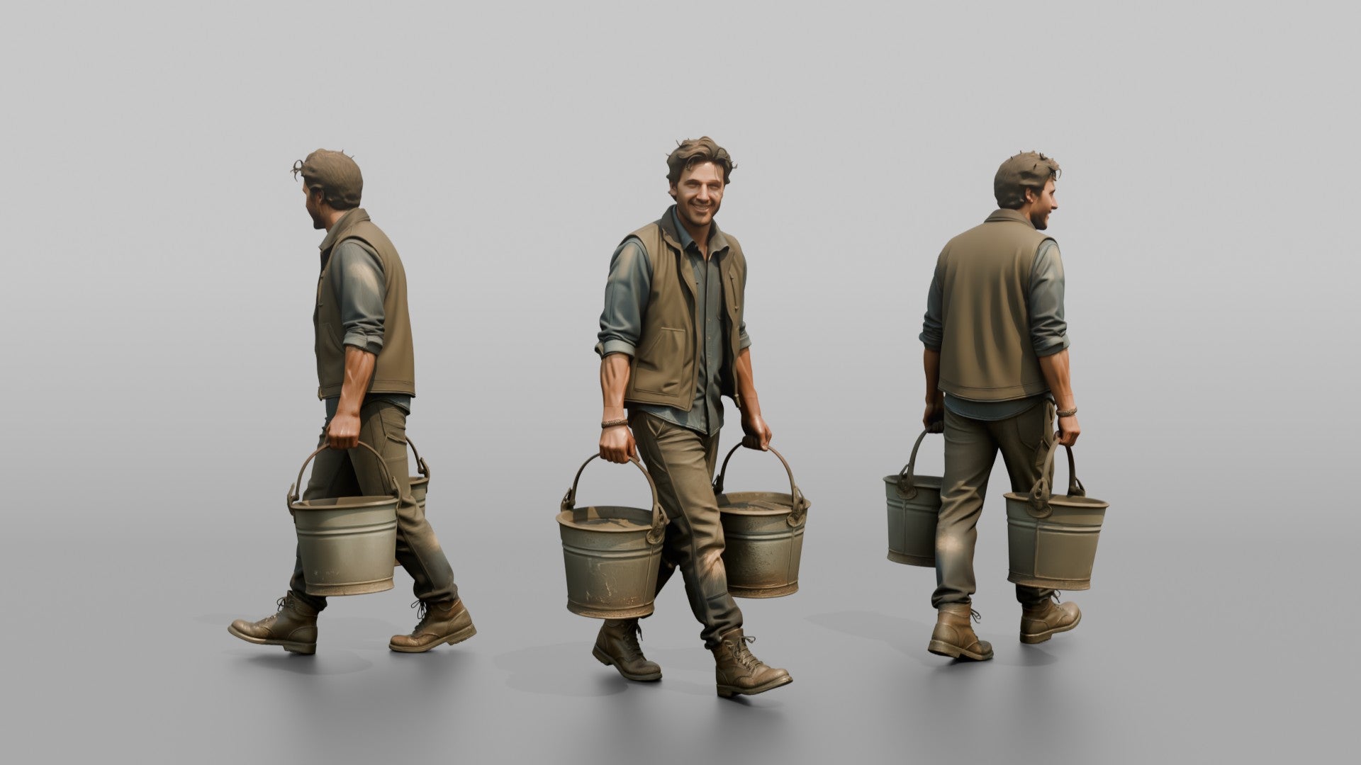 Farmer Carrying Pair Of Heavy Iron Bucket Pails