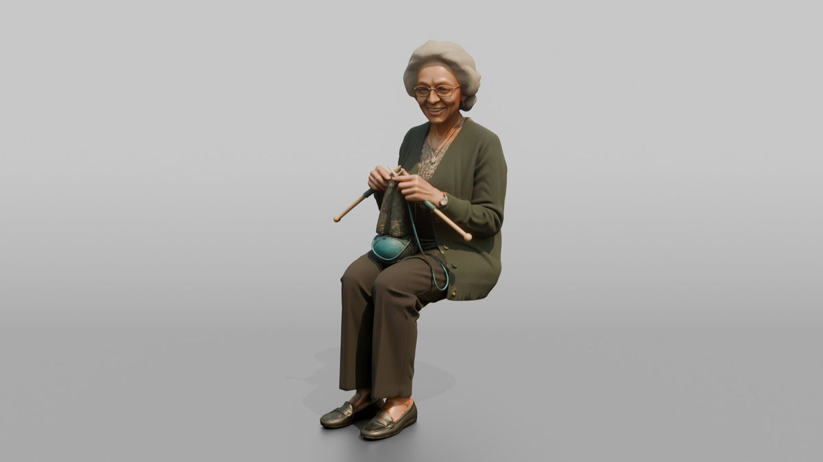 Grandmother Holding A Pair Of Knitting Needles And Yarn - 3D character model, view 4