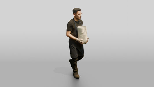 Kitchen Porter Carrying Ceramic Bowls - 3D character model, view 1