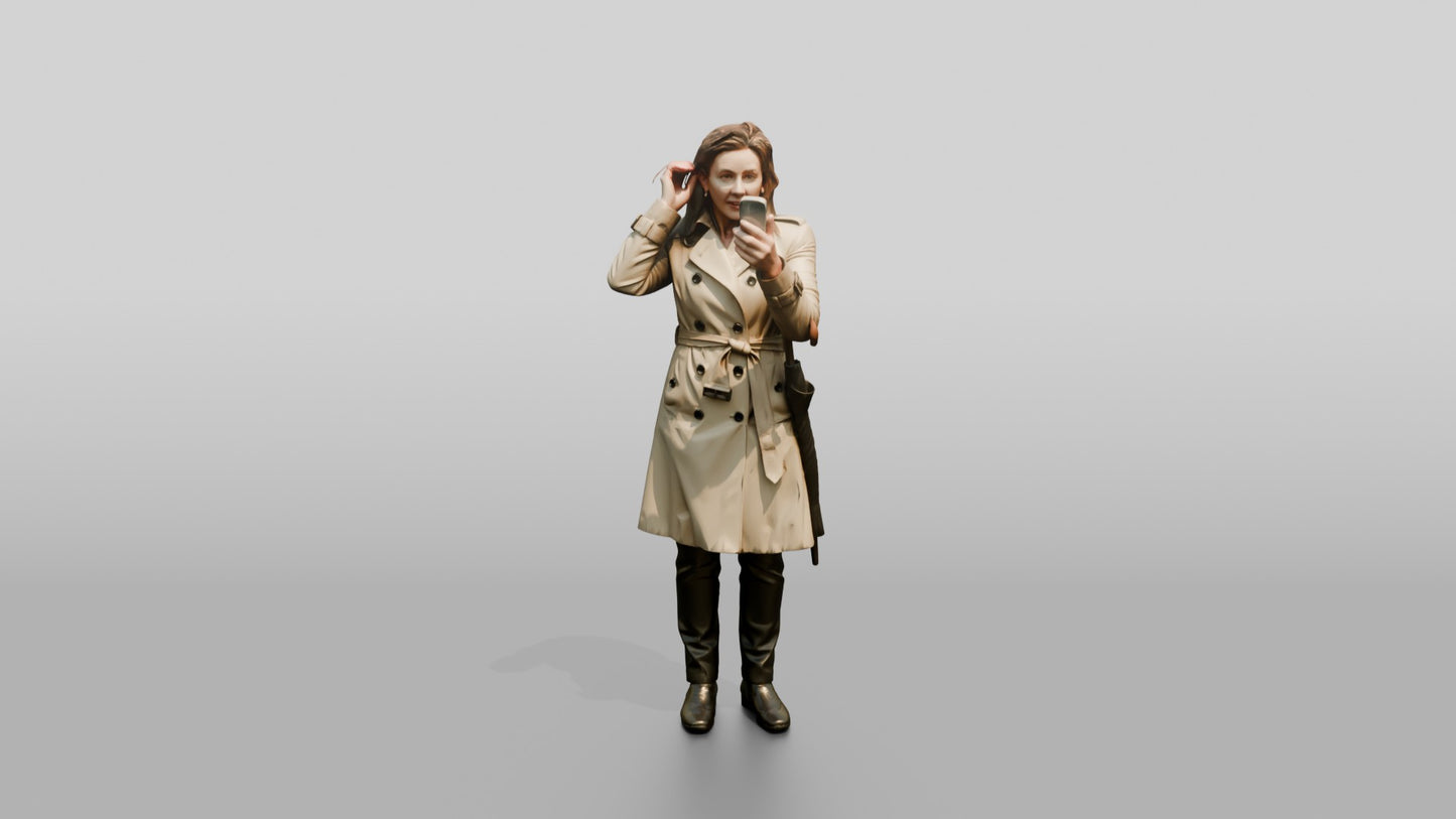 White Woman in Trench Coat Fixing Her Hair