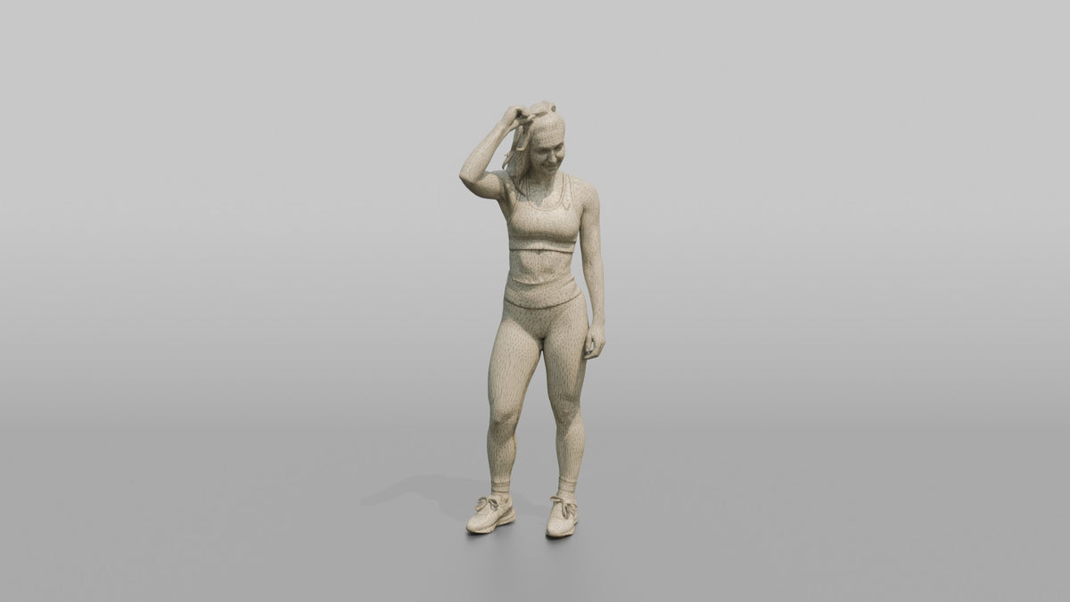 Fitness Influencer Woman Standing With One Hand Adjusting A High Ponytail - wireframe topology preview