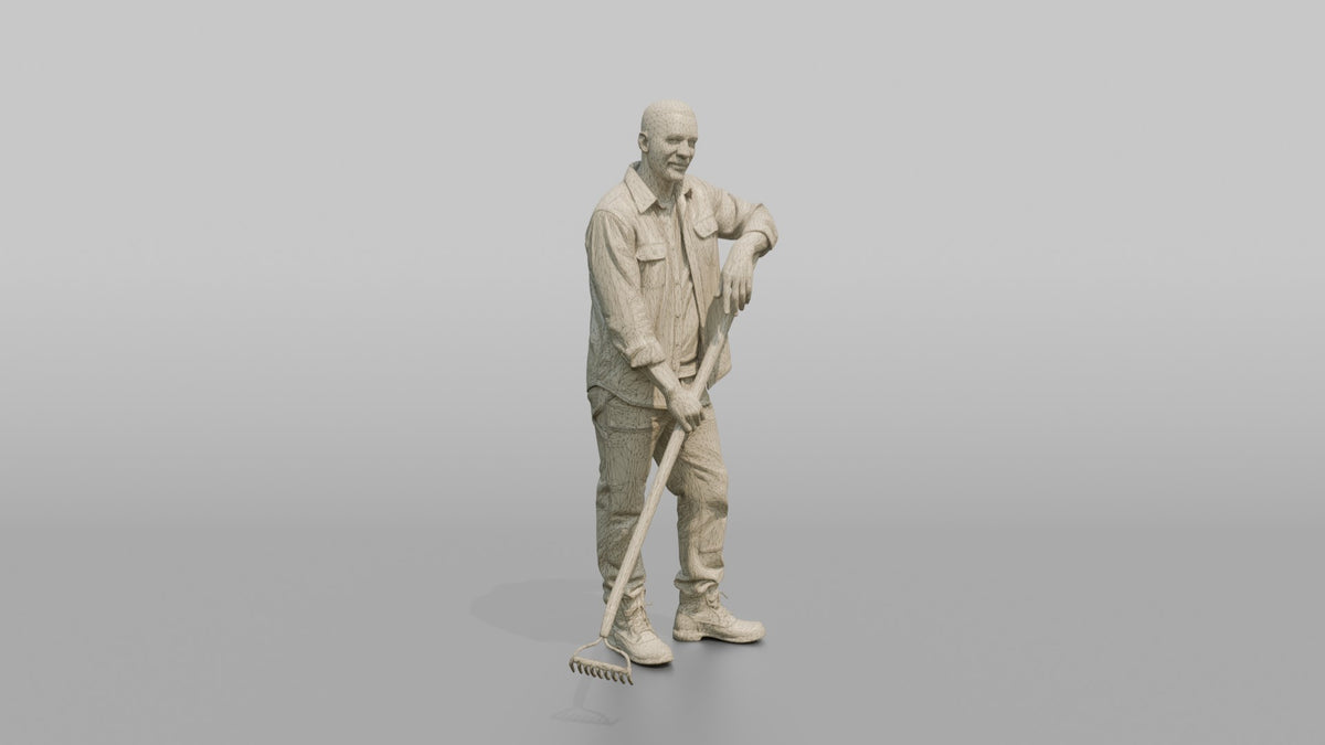 Father Holding A Garden Rake, Leaning On It Slightly - wireframe topology preview