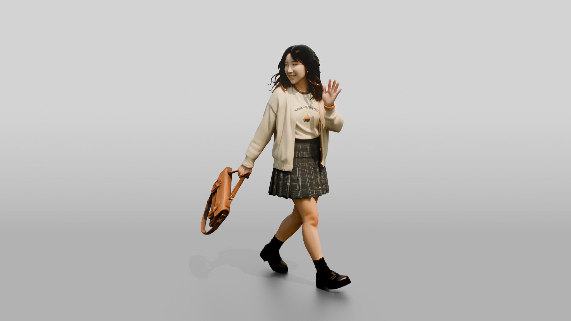 Asian Woman Walking with Vintage Bag