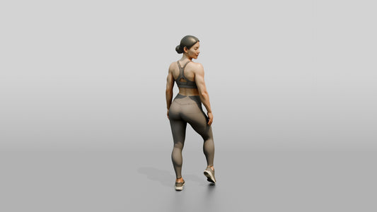 Woman in Taupe Activewear Glancing Over Her Shoulder - 3D character model, view 1