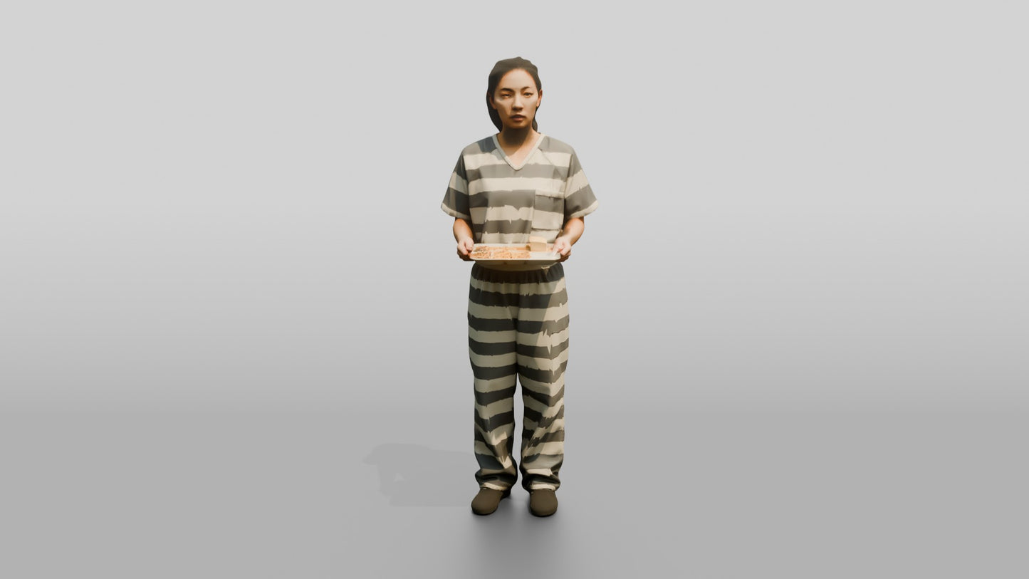 East Asian Female Prisoner in a Grey-white Striped Uniform