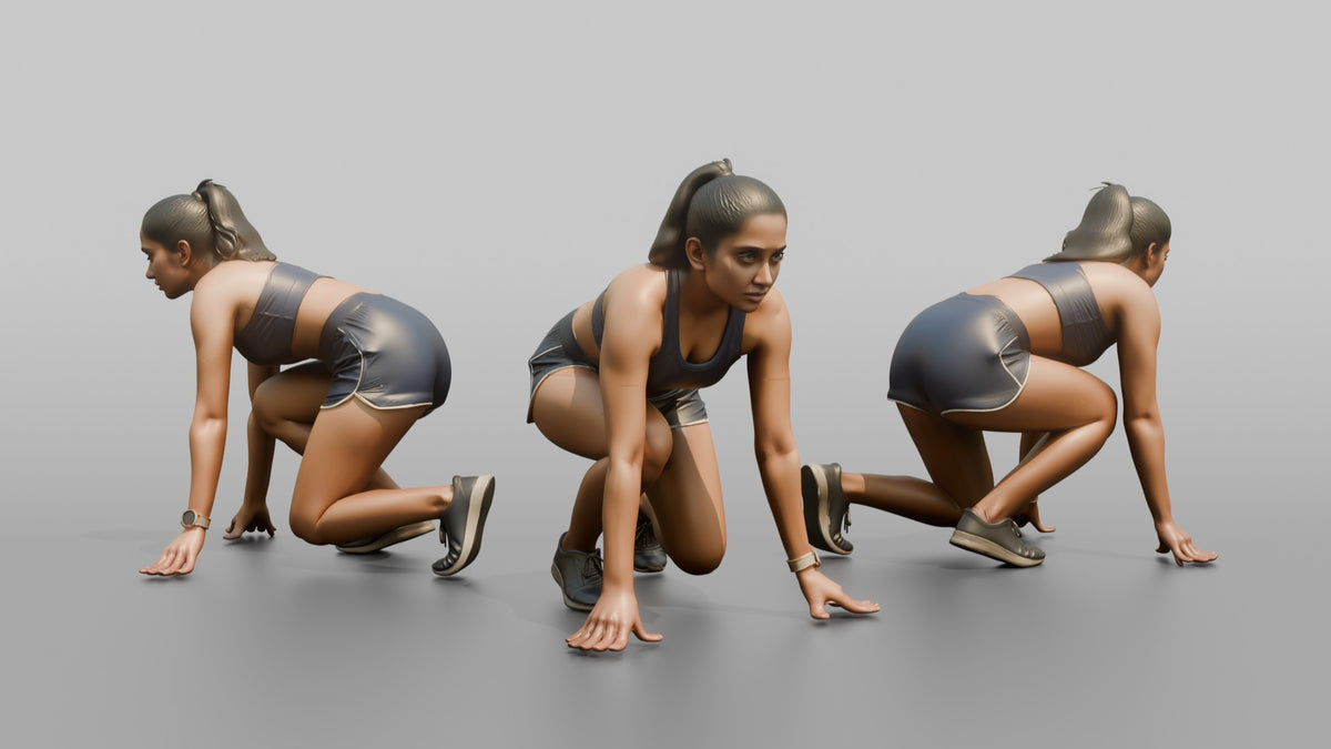 Cardio Athlete Woman In A Starting Sprinter's Crouch - 3D character model, view 1