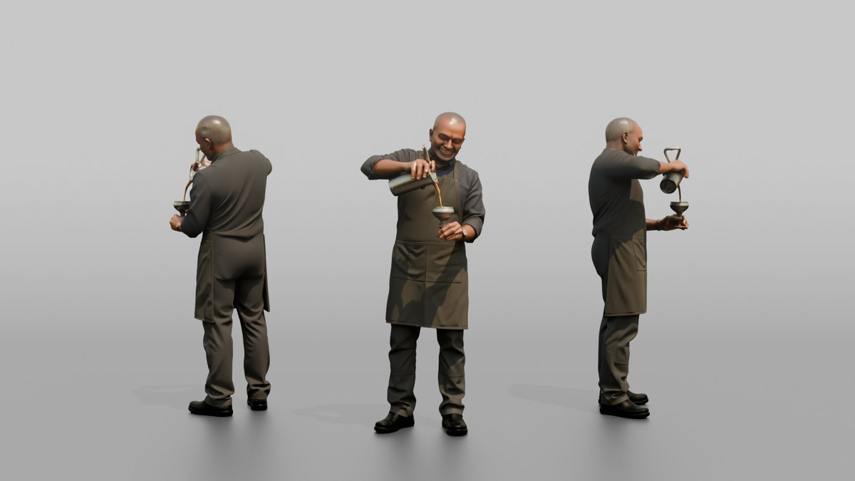 Bartender Man Straining A Cocktail Into A Glass - 3D character model, view 1