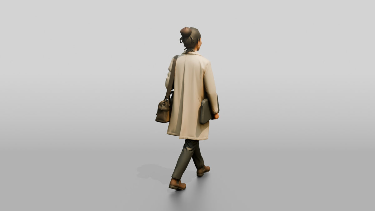 Woman in Beige Trench Coat Walking with Handbag and Briefcase - 3D character model, view 3