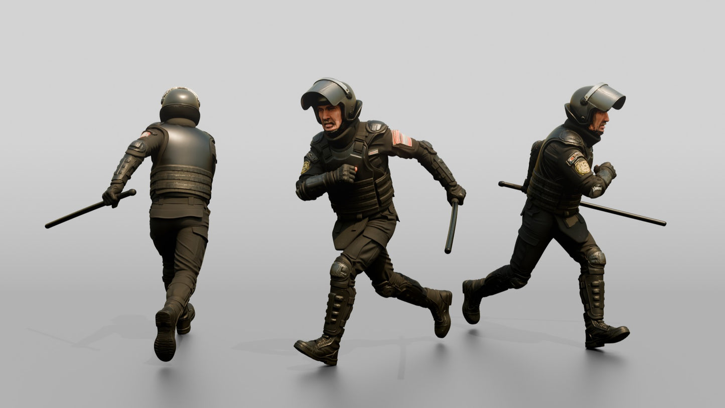 Riot Police Officer Running with Baton