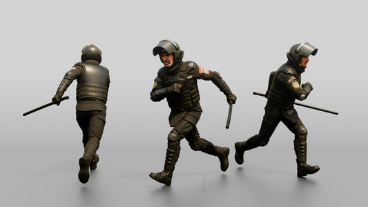 Riot Police Officer Running with Baton