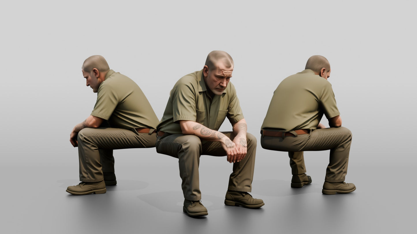 White Male Prisoner Sitting on the Edge of an Invisible Cot