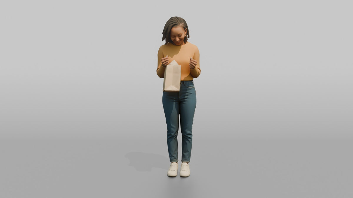 Woman Customer Holding A Shopping Bag Up To Check Its Contents - 3D character model, view 5