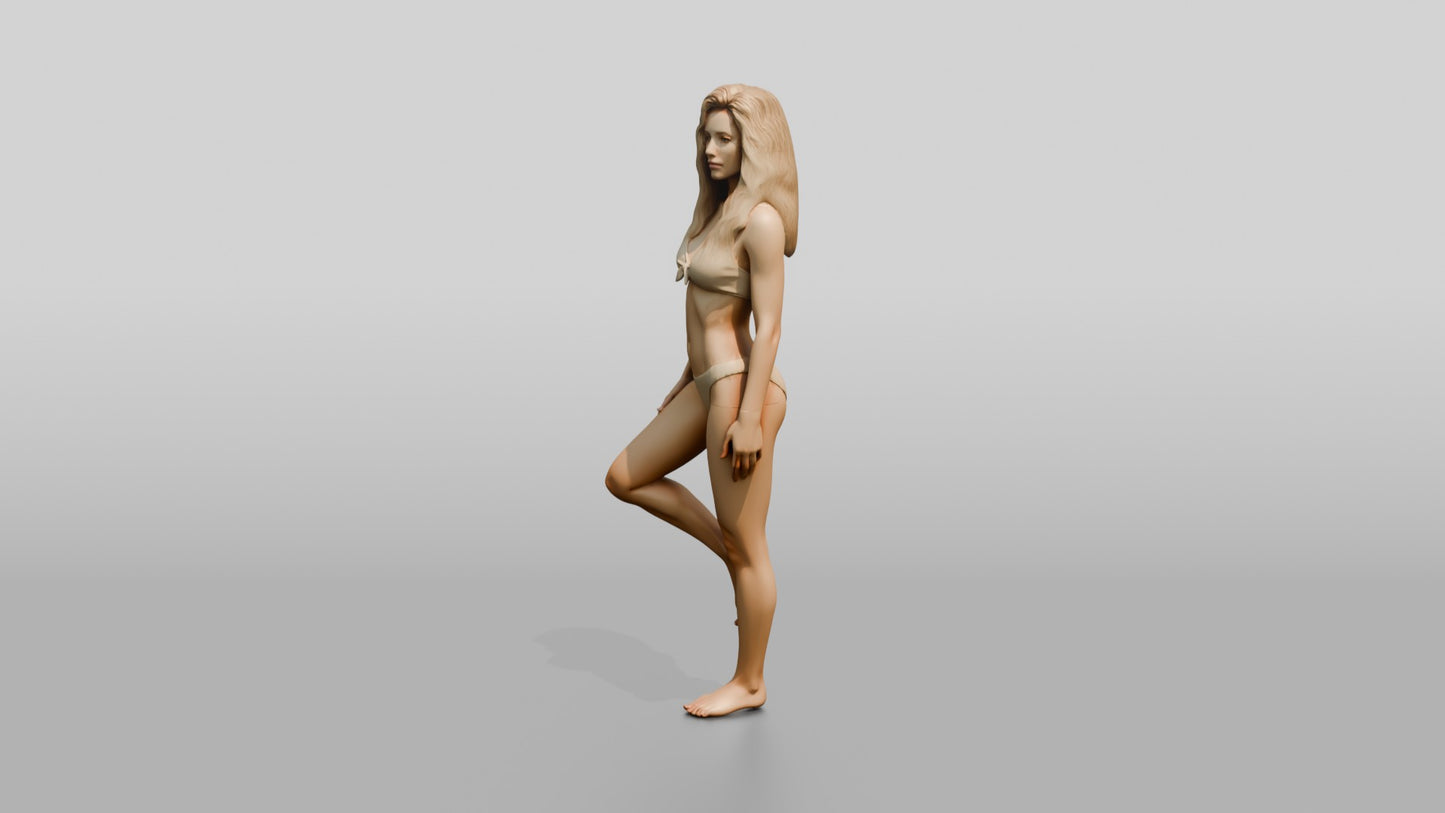 Blonde Woman in Cream Two-Piece Swimsuit Tree Pose