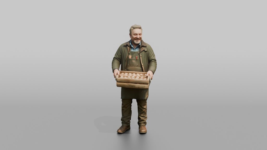 Farmer Holding Hand Built Wooden Egg Crate