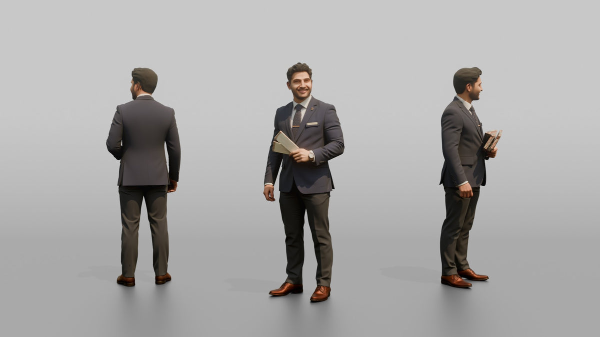 Concierge Man Holding A Pair Of Event Tickets - 3D character model, view 1