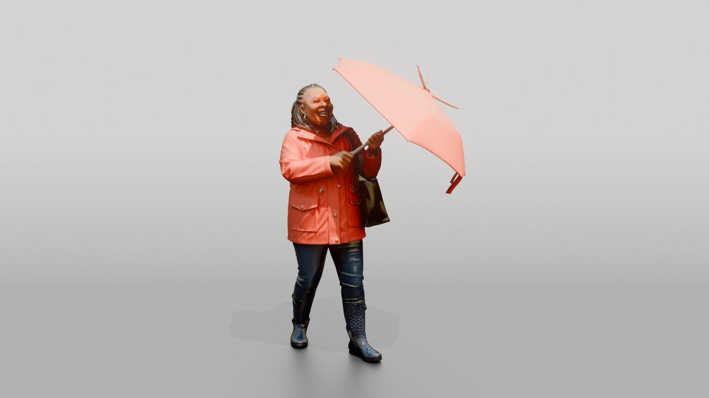 Black Woman in Red Raincoat Opening Umbrella