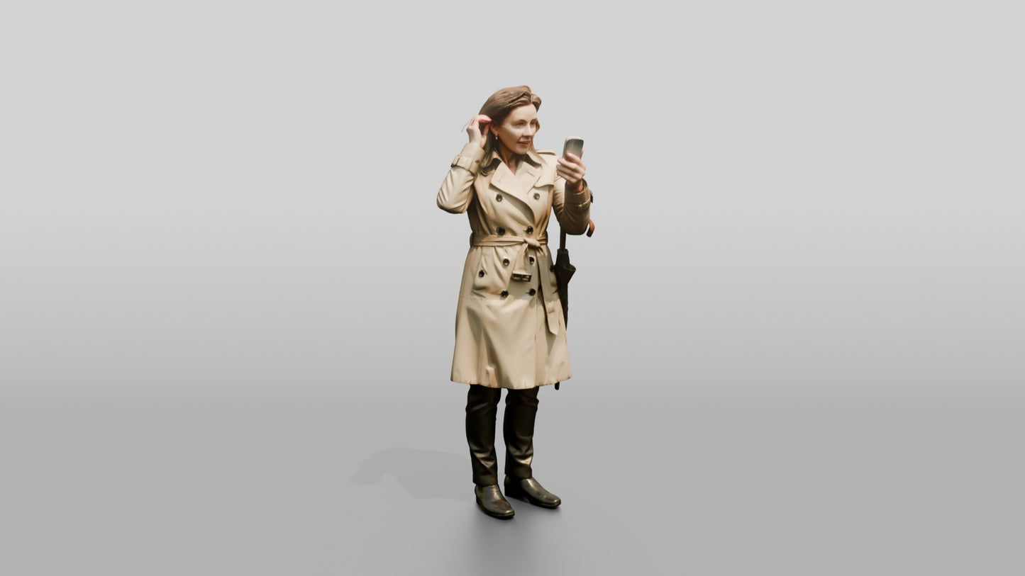 White Woman in Trench Coat Fixing Her Hair