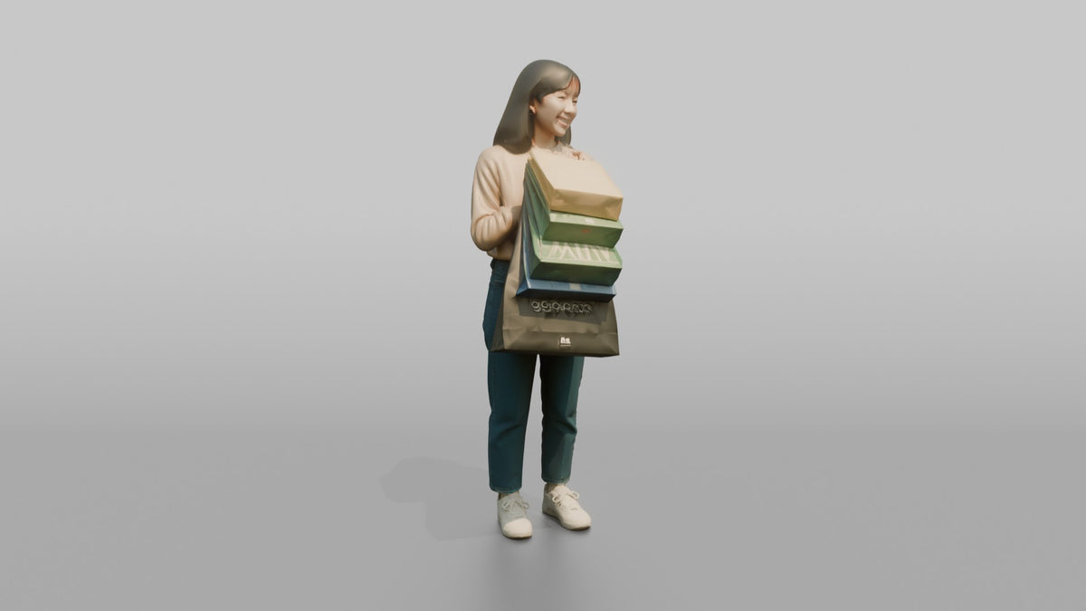 Woman Customer Holding Several Shopping Bags Stacked On One Arm - 3D character model, view 2