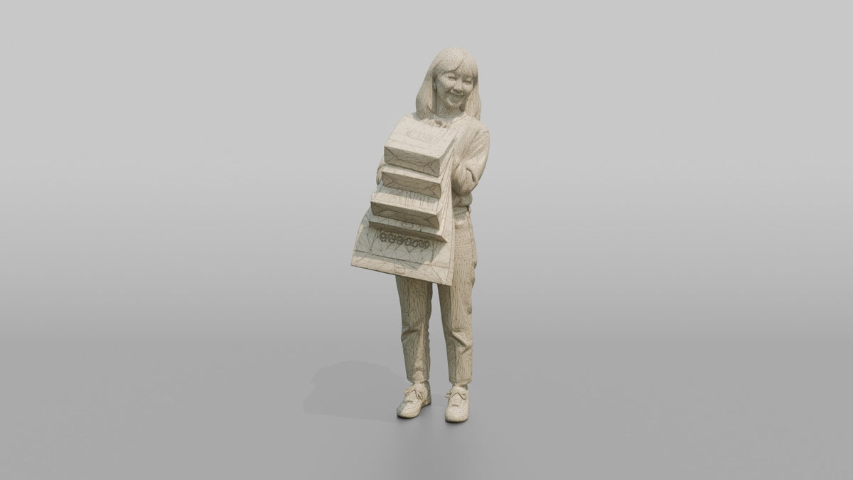Woman Customer Holding Several Shopping Bags Stacked On One Arm - wireframe topology preview