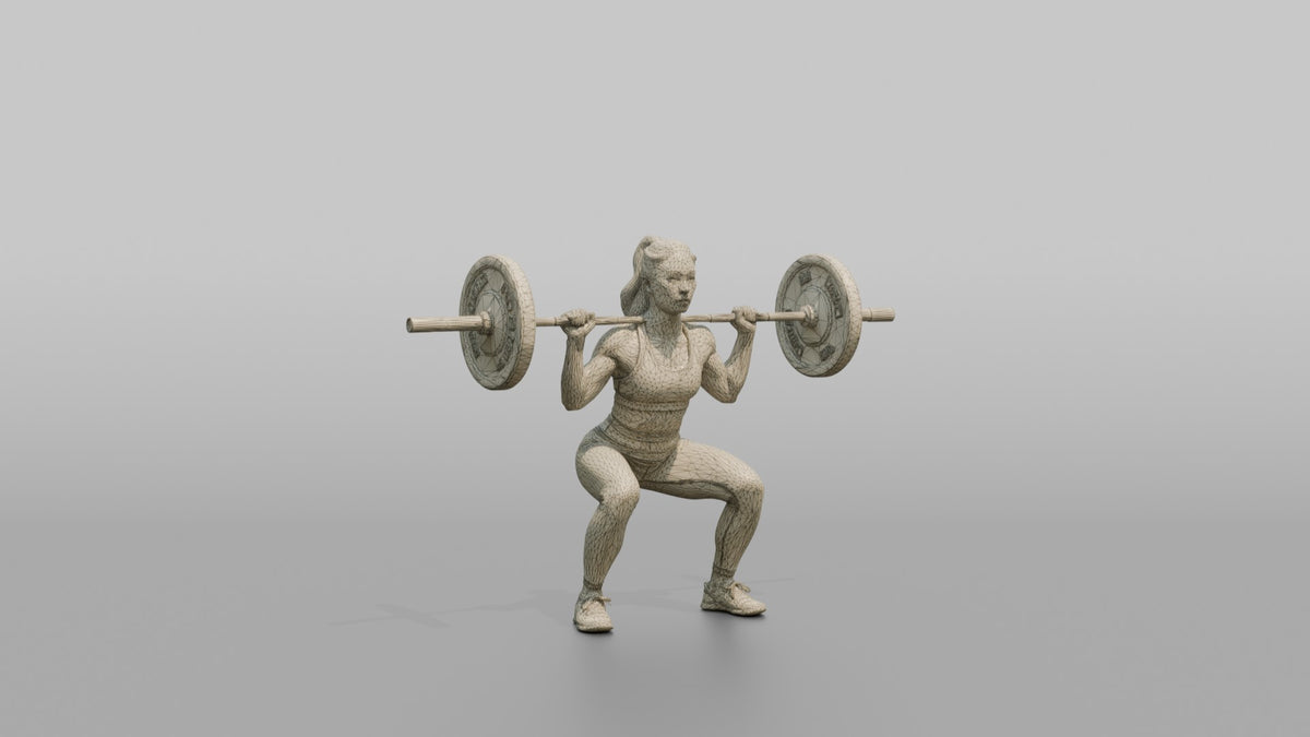 Weightlifter Woman Holding A Barbell Across The Shoulders In A Squat Stance - wireframe topology preview