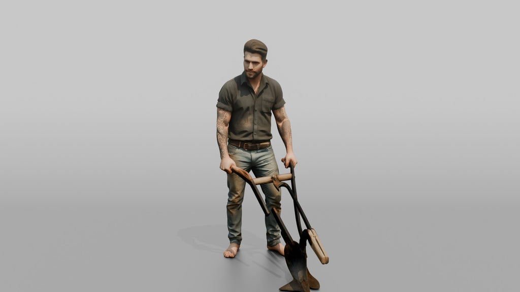 Farmer Holding Traditional Iron Hand Plow