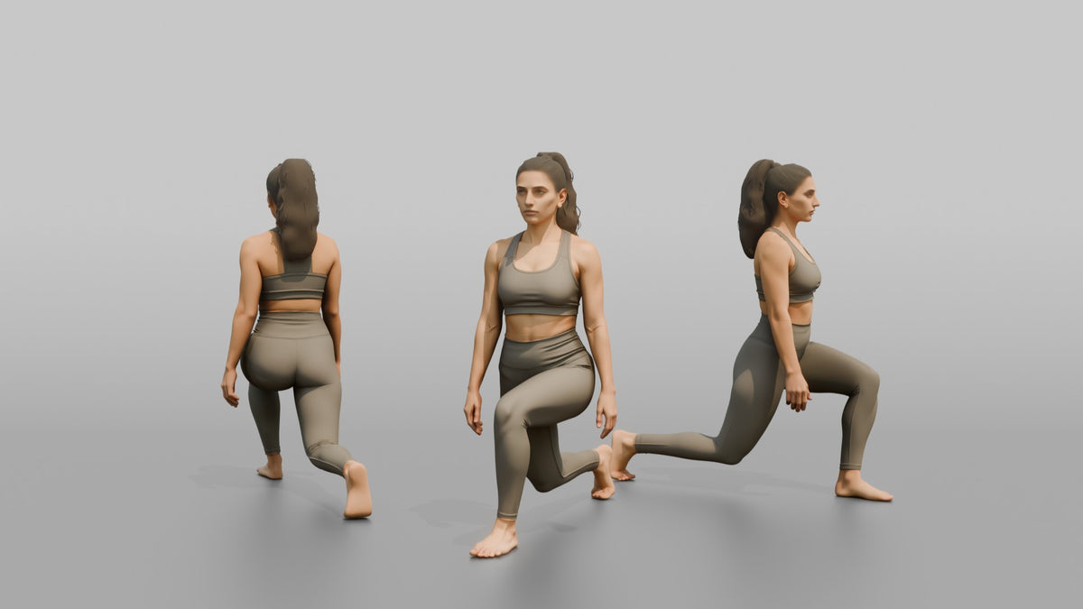 Fitness Influencer Woman Doing A Bodyweight Lunge With Arms At Sides - 3D character model, view 1