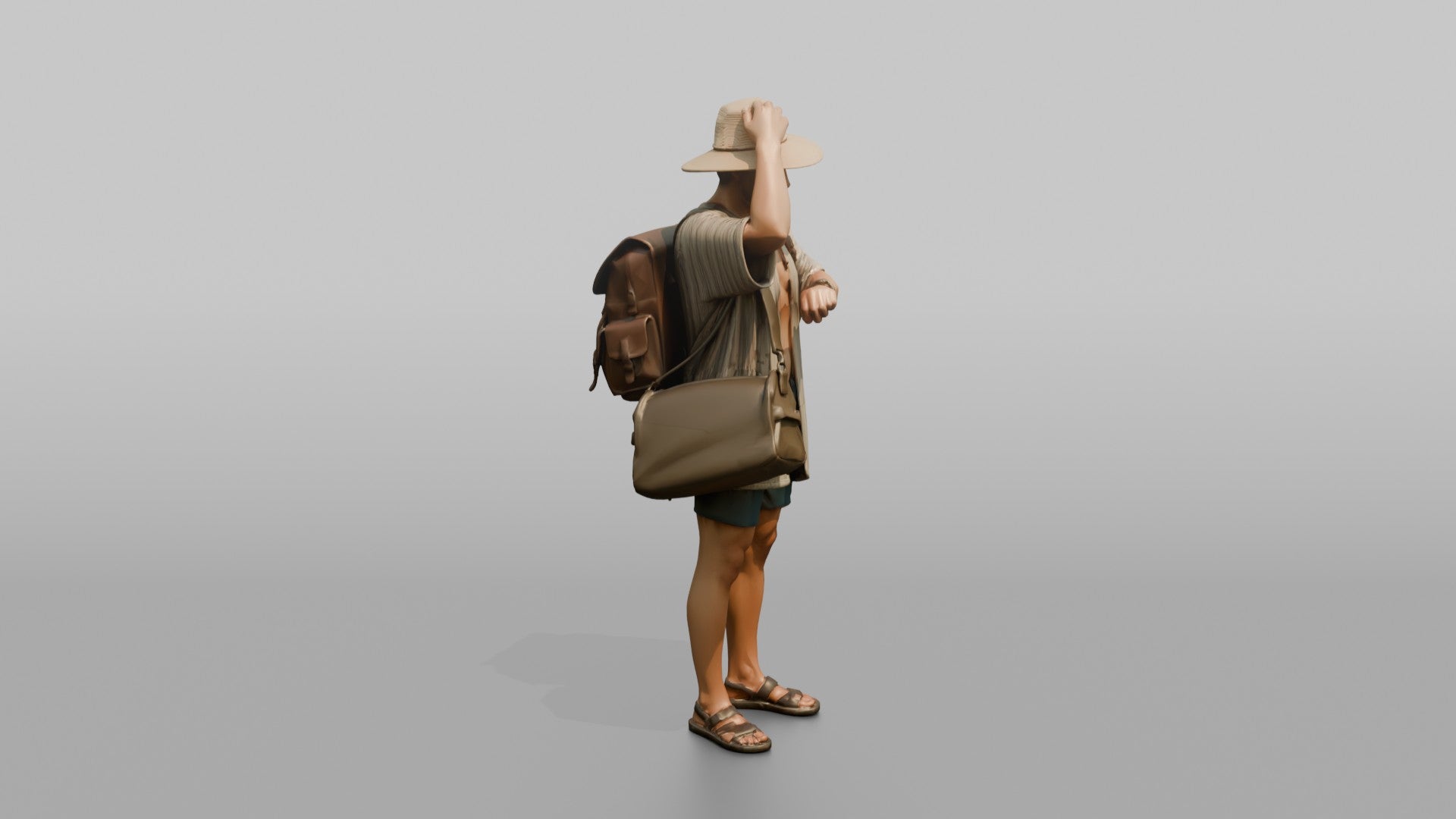 Traveler Adjusting His Sun Hat