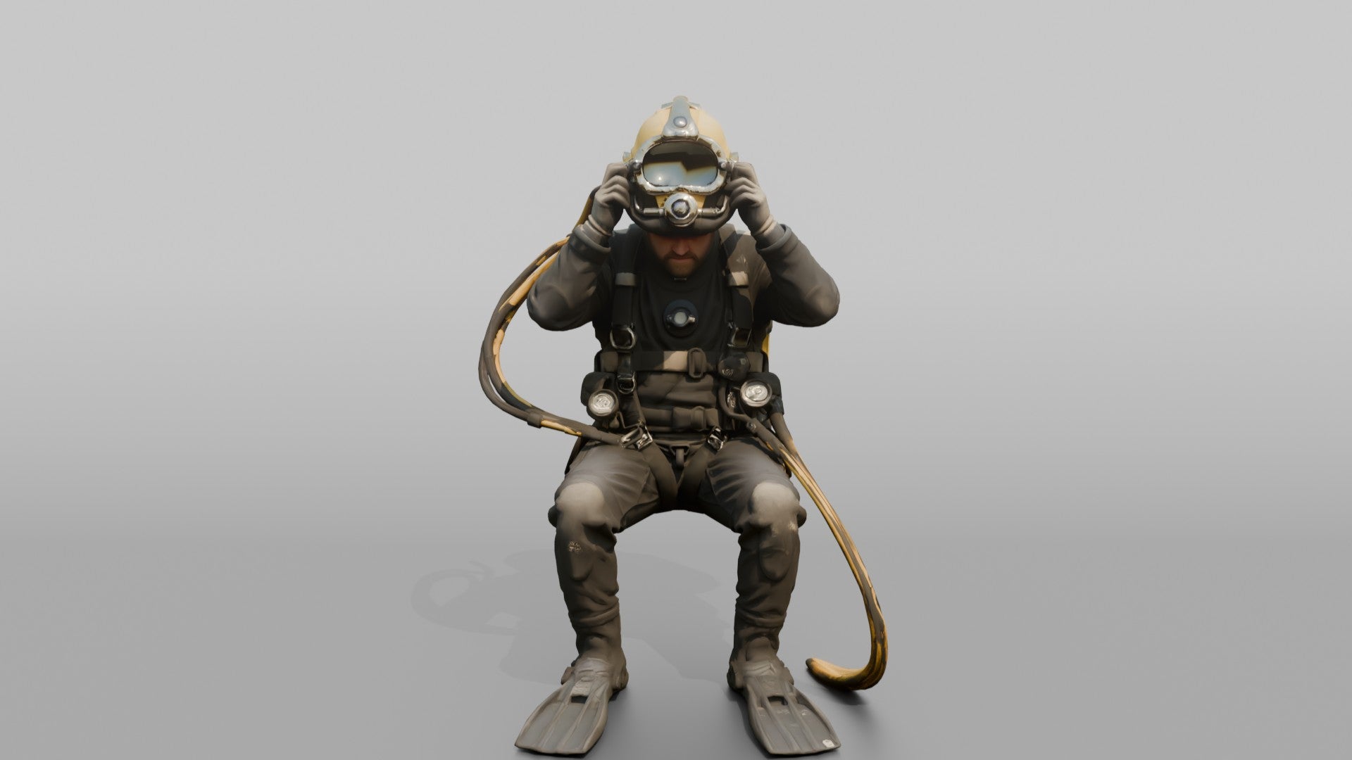 Diver Adjusting His Helmet Before a Dive