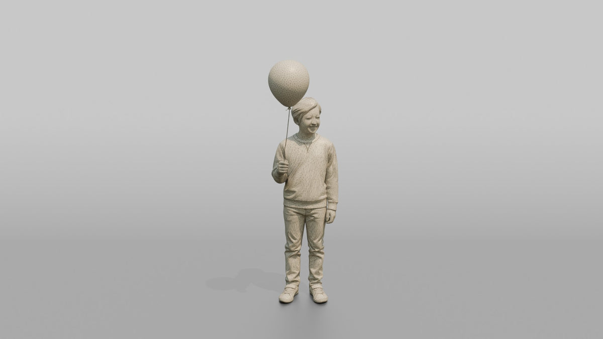 Son Holding A Red Balloon By Its String - wireframe topology preview