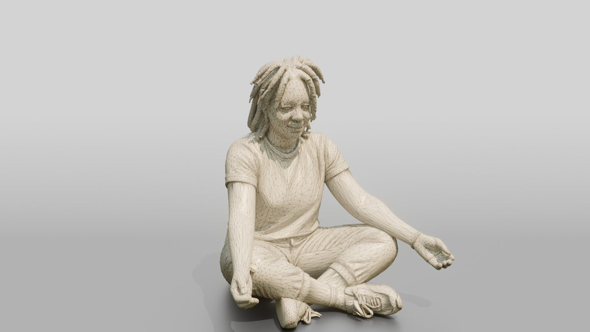 Homeless Woman Sitting Cross-legged - wireframe topology preview