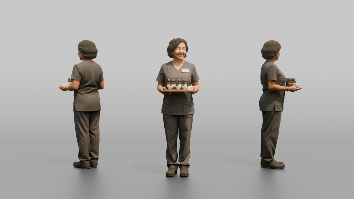 Massage Therapist Woman Holding A Small Tray With Oil Bottles - 3D character model, view 1