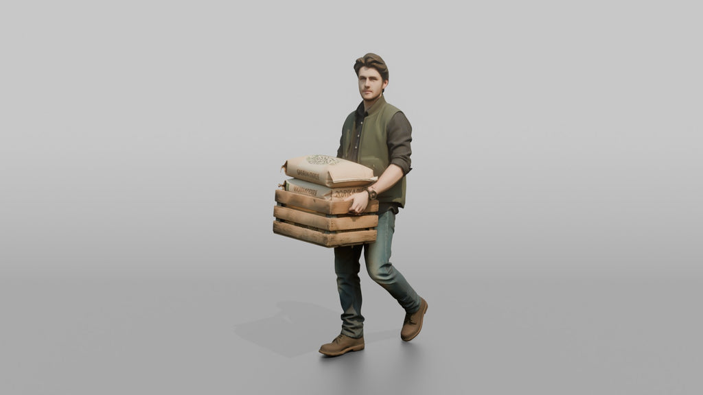 Farmer Carrying Crate Of Animal Feed Bags