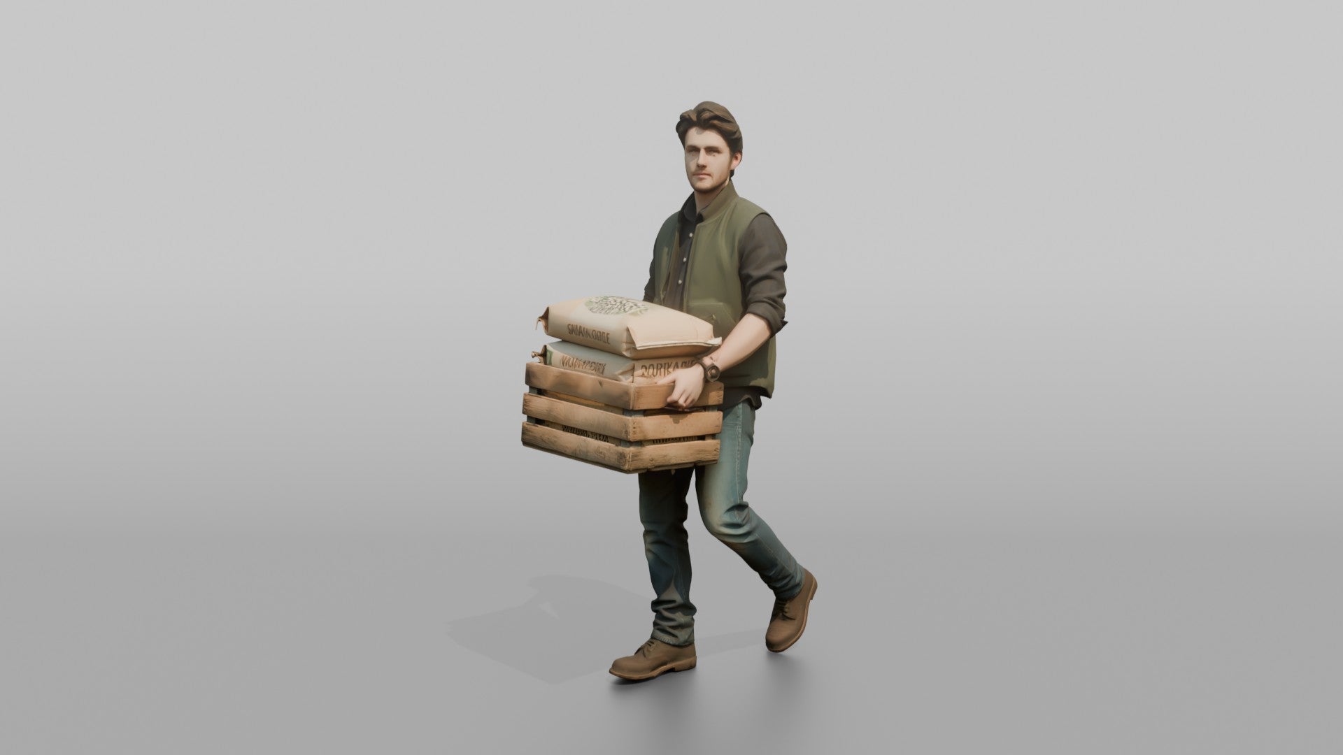 Farmer Carrying Crate Of Animal Feed Bags