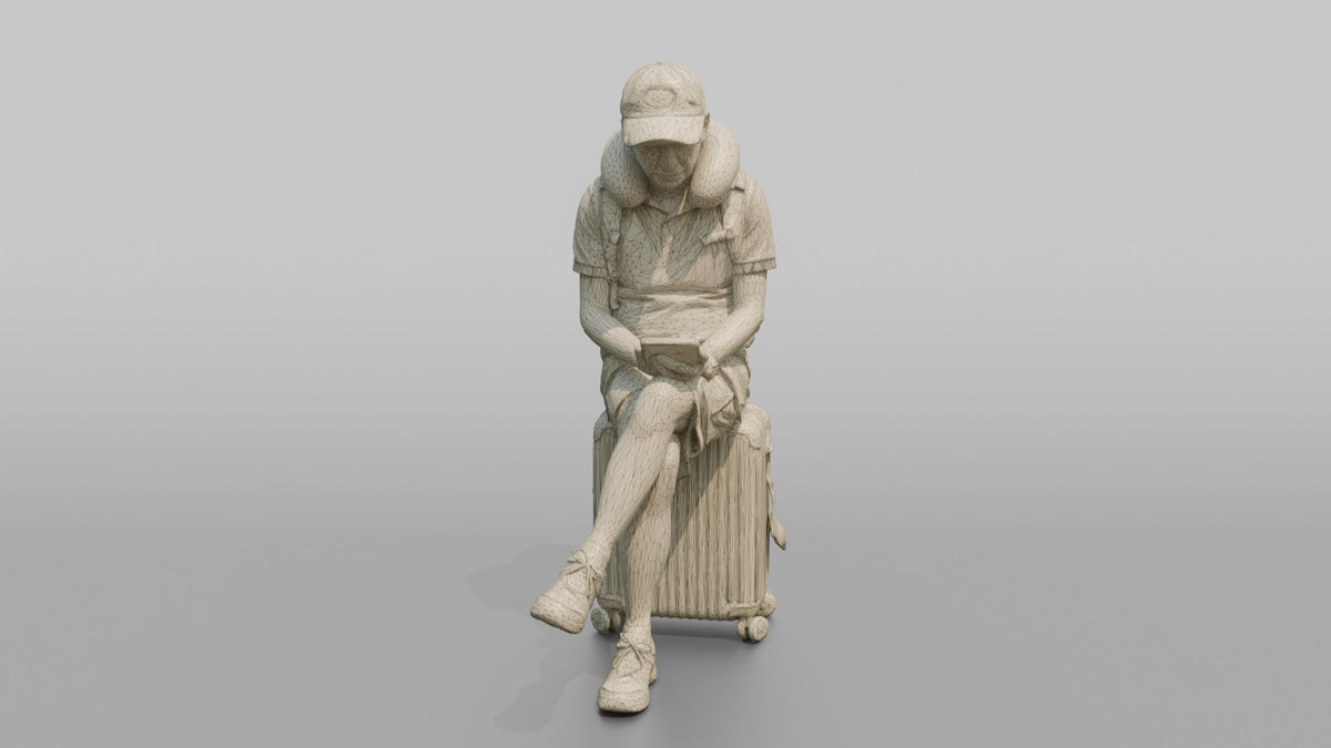 Traveler Resting On His Suitcase - wireframe topology preview