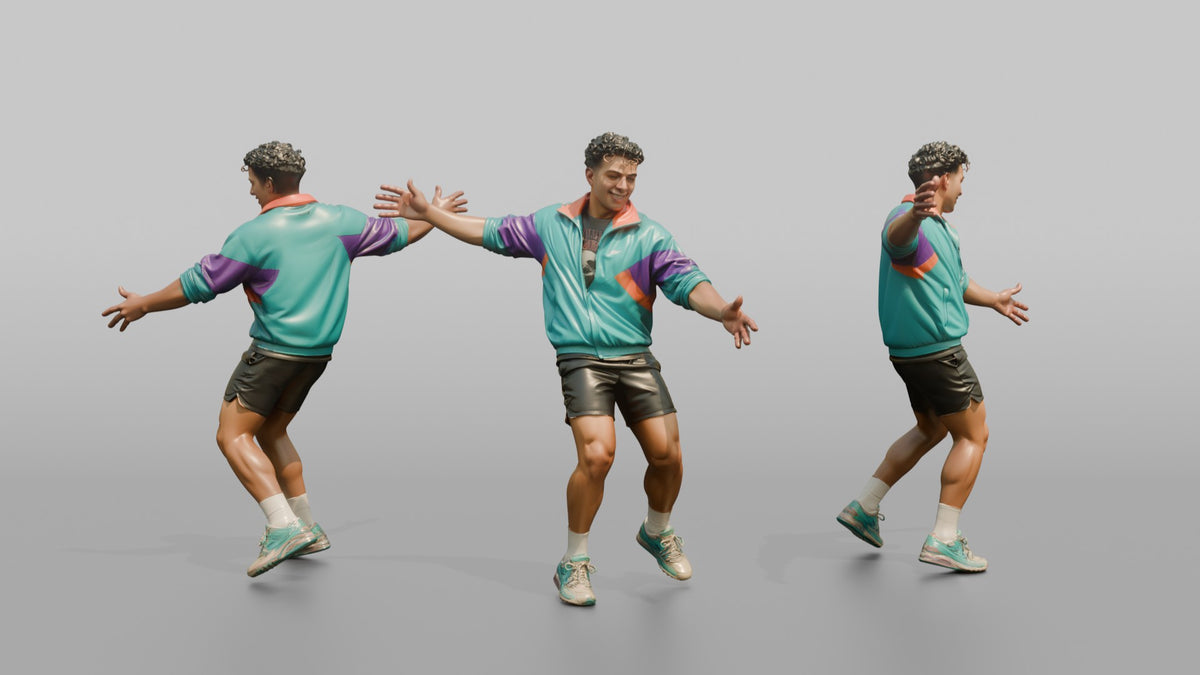 Patron Man Wearing A Bright Windbreaker Jacket, Arms Out Mid-dance - 3D character model, view 1