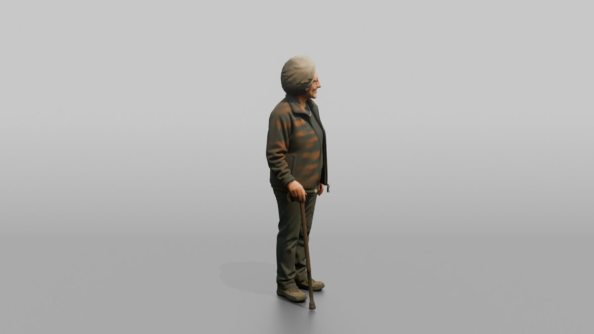 Grandmother Holding A Walking Cane, Standing Upright - 3D character model, view 2