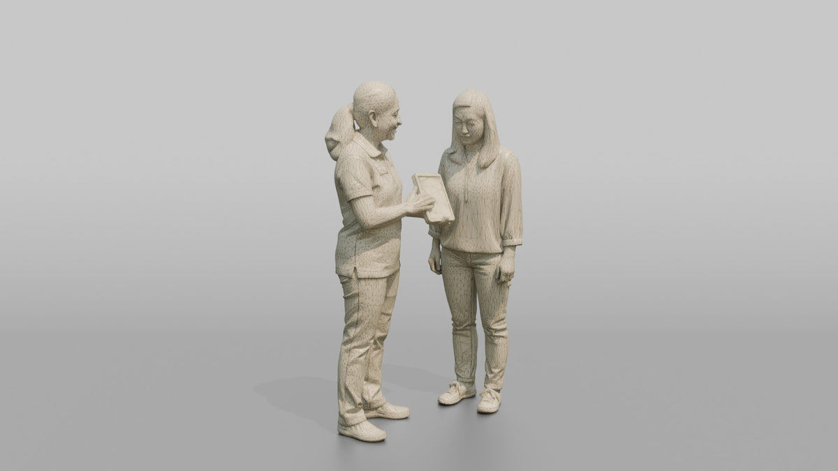 Woman Sales Associate Helping A Customer Locate An Item On A Tablet - wireframe topology preview