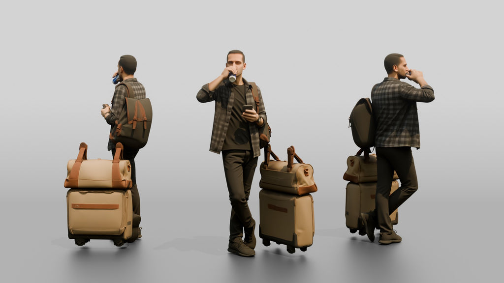 Man in Plaid Shirt Drinking Coffee and Texting with Luggage