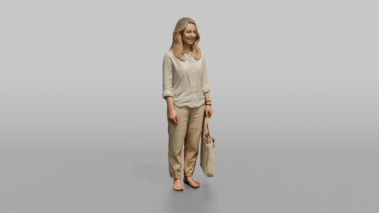 Dutch Woman in a Linen Blouse Holding a Tote Bag - 3D character model, view 1