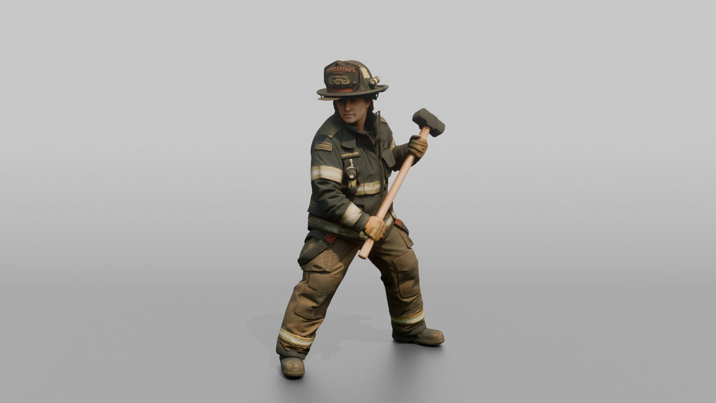 Firefighter Woman Standing in Dynamic Stance with a Sledgehammer