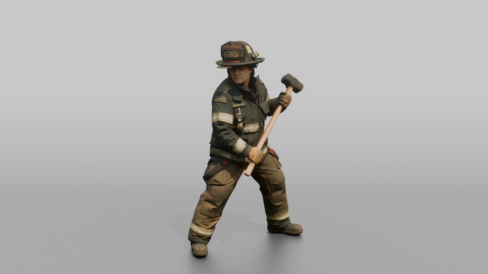Firefighter Woman Standing in Dynamic Stance with a Sledgehammer